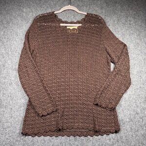 Double D Ranchwear Sweater Womens Medium Brown Crochet Knit V-Neck Scalloped Hem